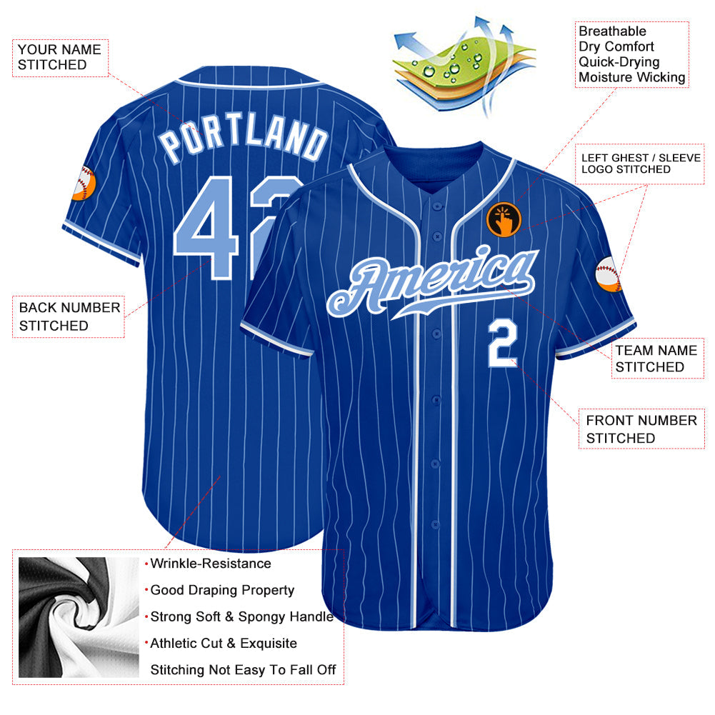 Custom Royal Light Blue Pinstripe Light Blue-White Authentic Baseball Jersey view 3