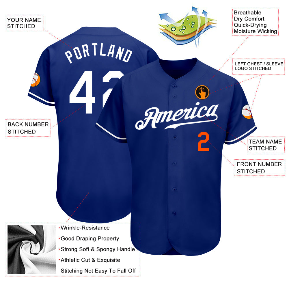 Custom Royal White-Orange Authentic Baseball Jersey view 3