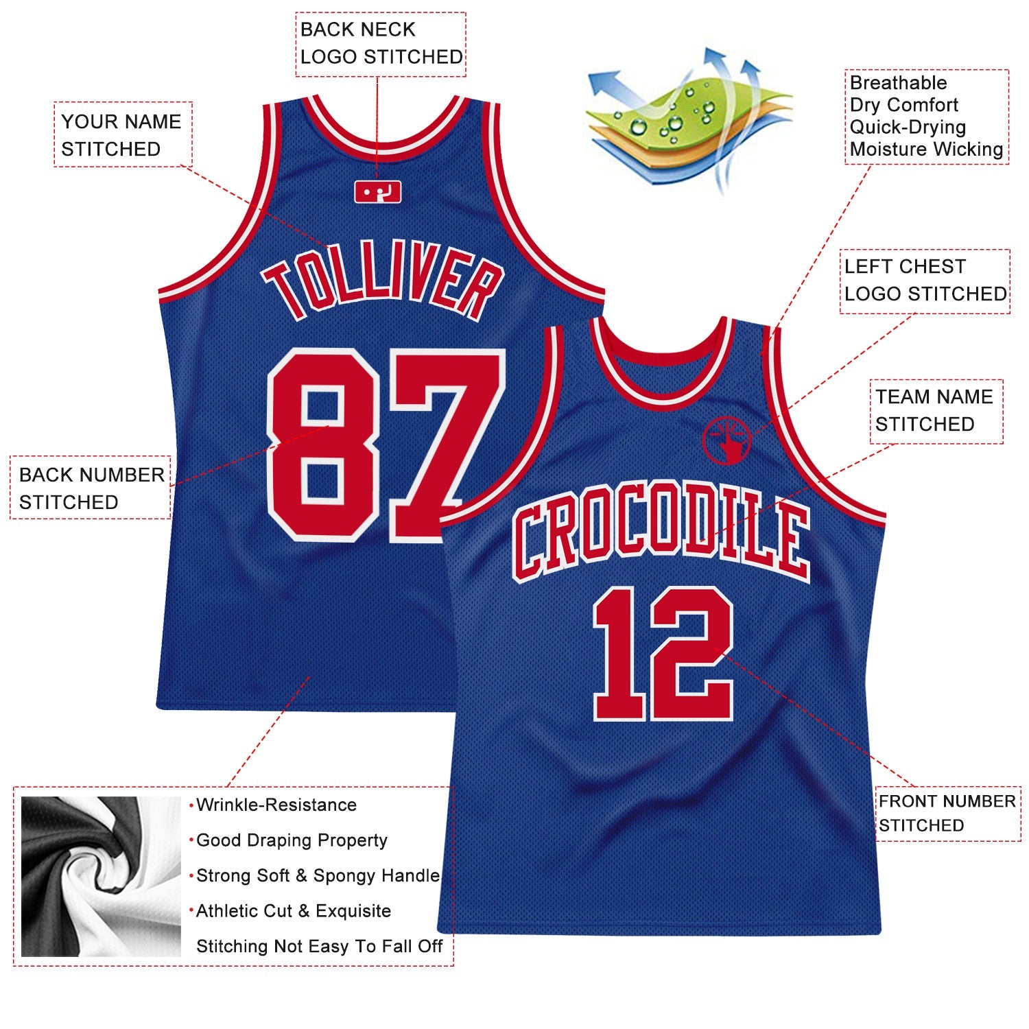 Custom Royal Red-White Authentic Throwback Basketball Jersey view 2
