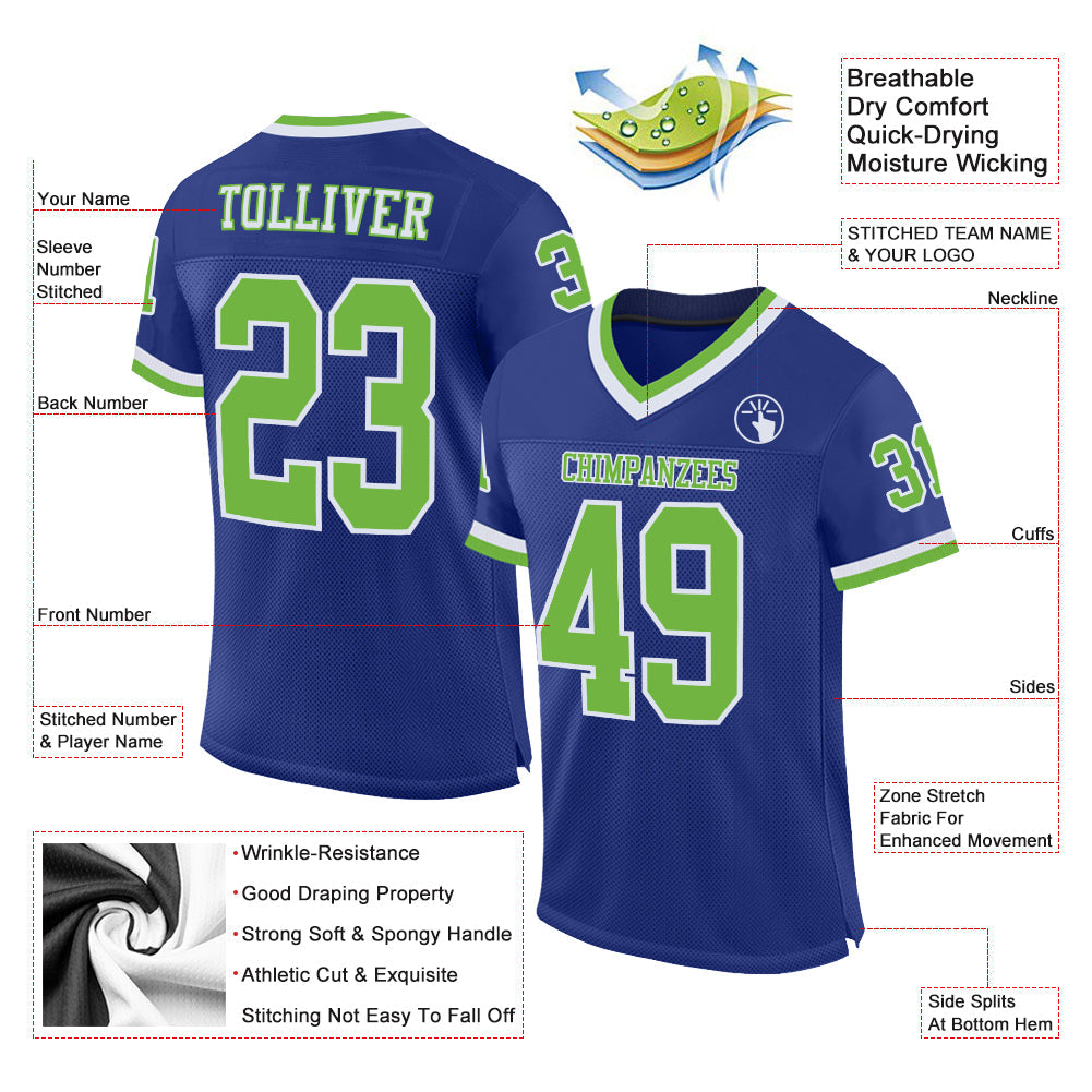 Custom Royal Neon Green-White Mesh Authentic Throwback Football Jersey view 2