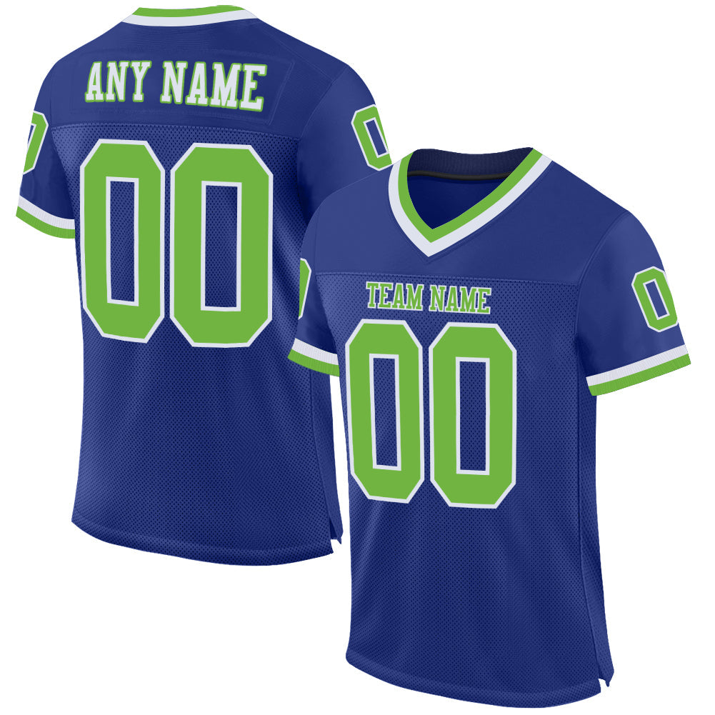 Custom Royal Neon Green-White Mesh Authentic Throwback Football Jersey - Main View