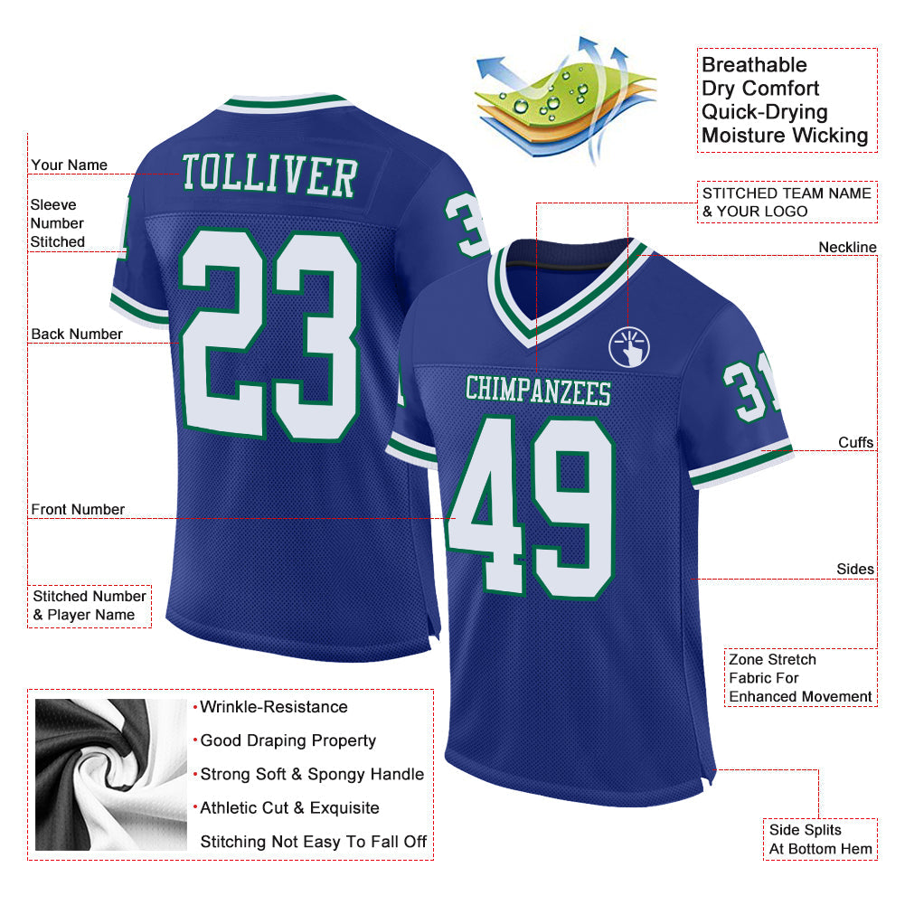 Custom Royal White-Kelly Green Mesh Authentic Throwback Football Jersey view 2