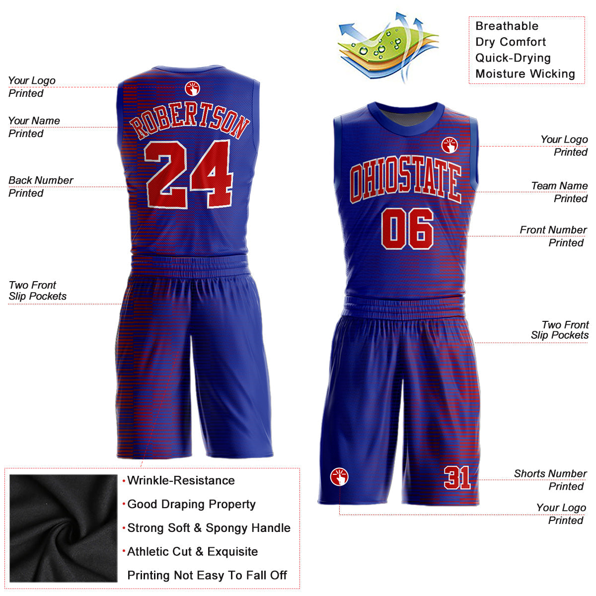Custom Royal Red-White Round Neck Sublimation Basketball Uniform Jersey view 2