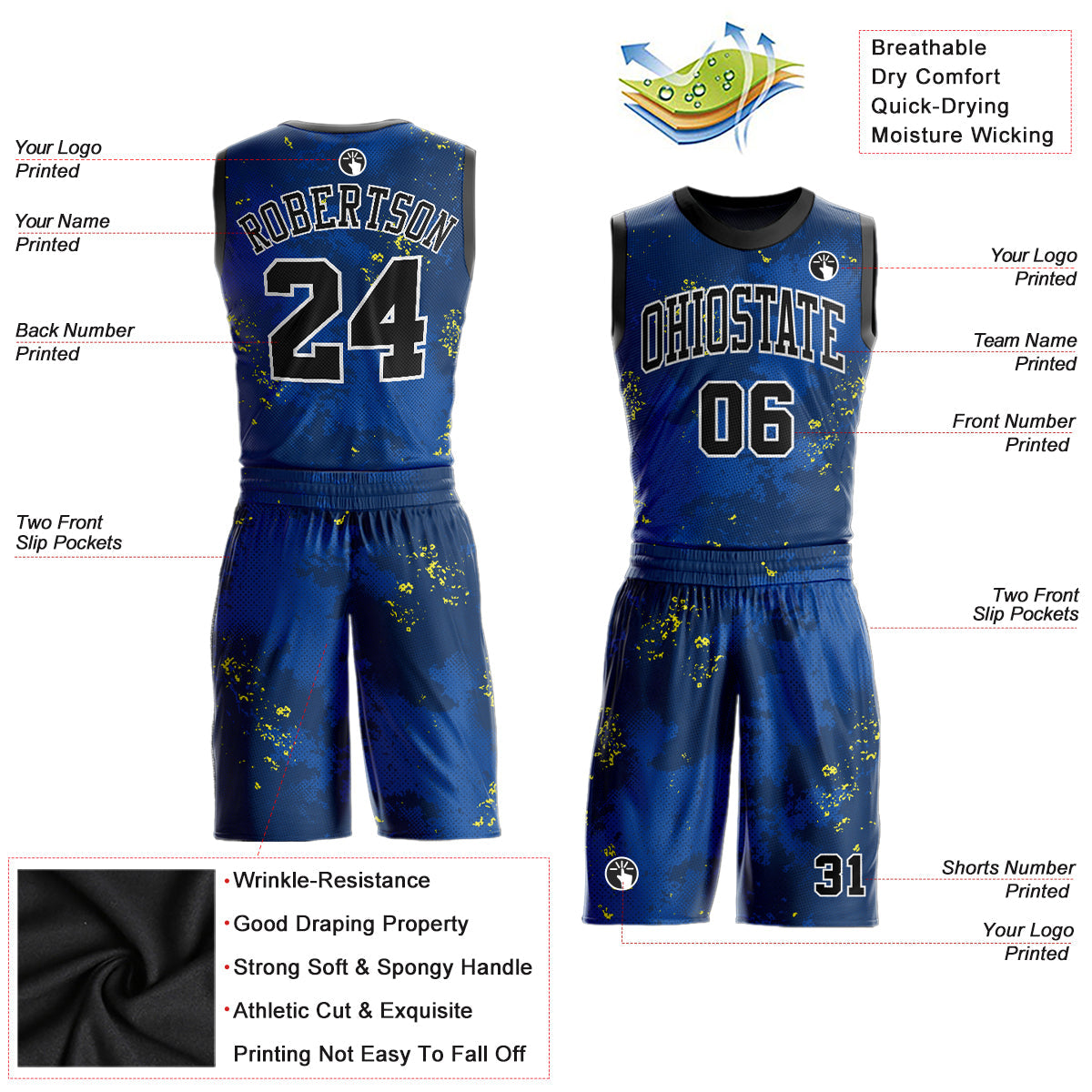 Custom Royal Black-Gold Round Neck Sublimation Basketball Uniform Jersey view 2