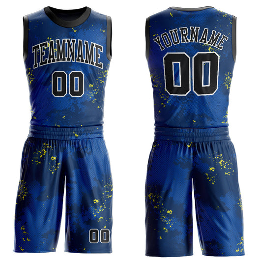 Custom Royal Black-Gold Round Neck Sublimation Basketball Uniform Jersey - Main View