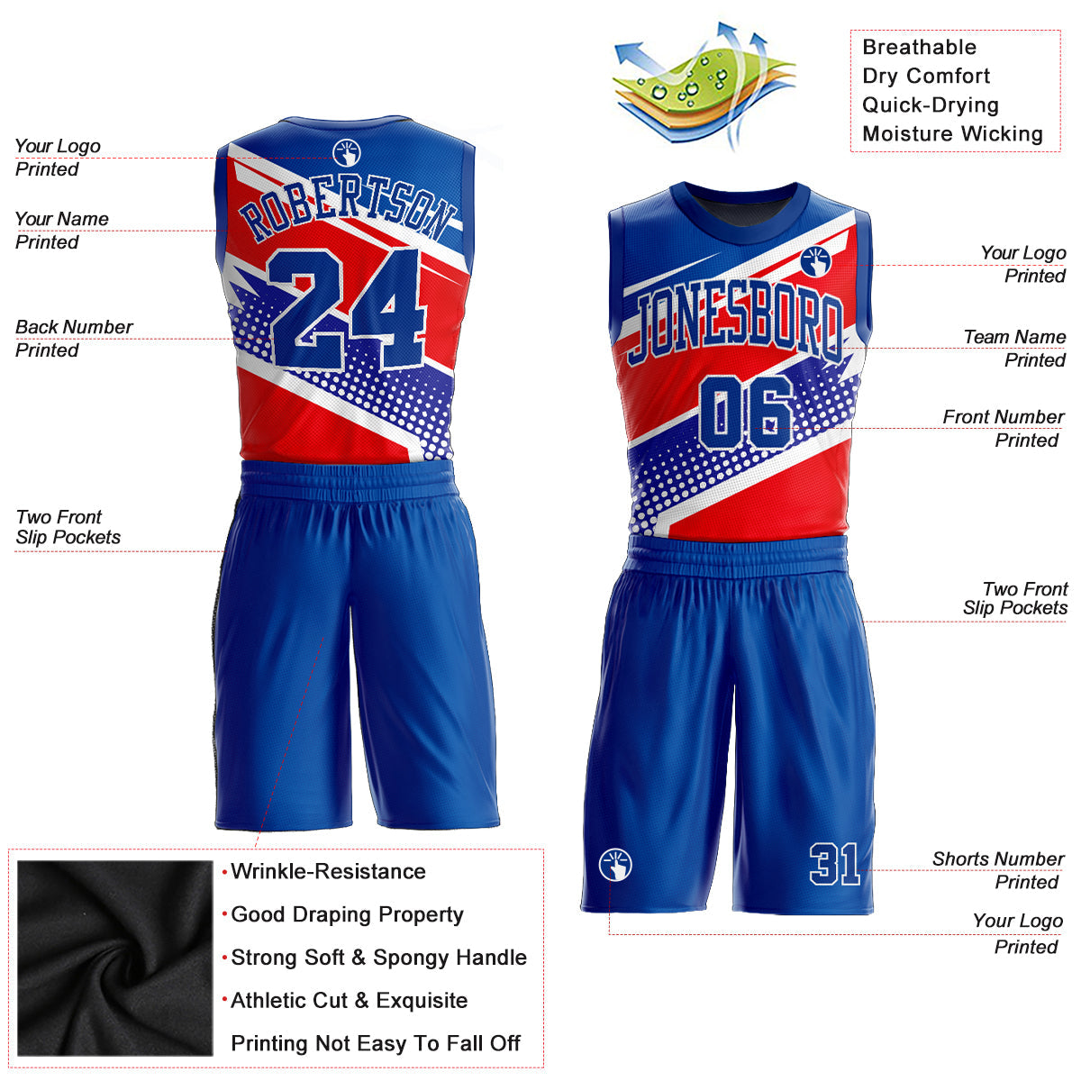 Custom Royal Royal-Red Round Neck Sublimation Basketball Uniform Jersey view 2