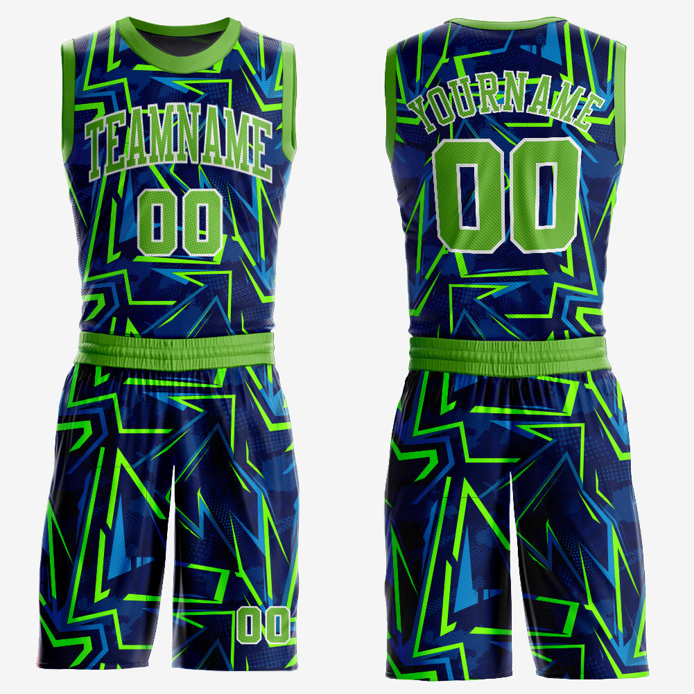 Custom Royal Neon Green-White Music Festival Round Neck Sublimation Basketball Uniform Jersey - Main View