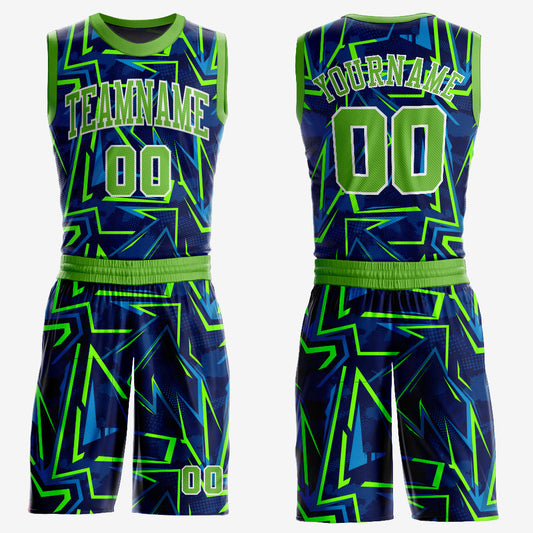 Custom Royal Neon Green-White Music Festival Round Neck Sublimation Basketball Uniform Jersey - Main View