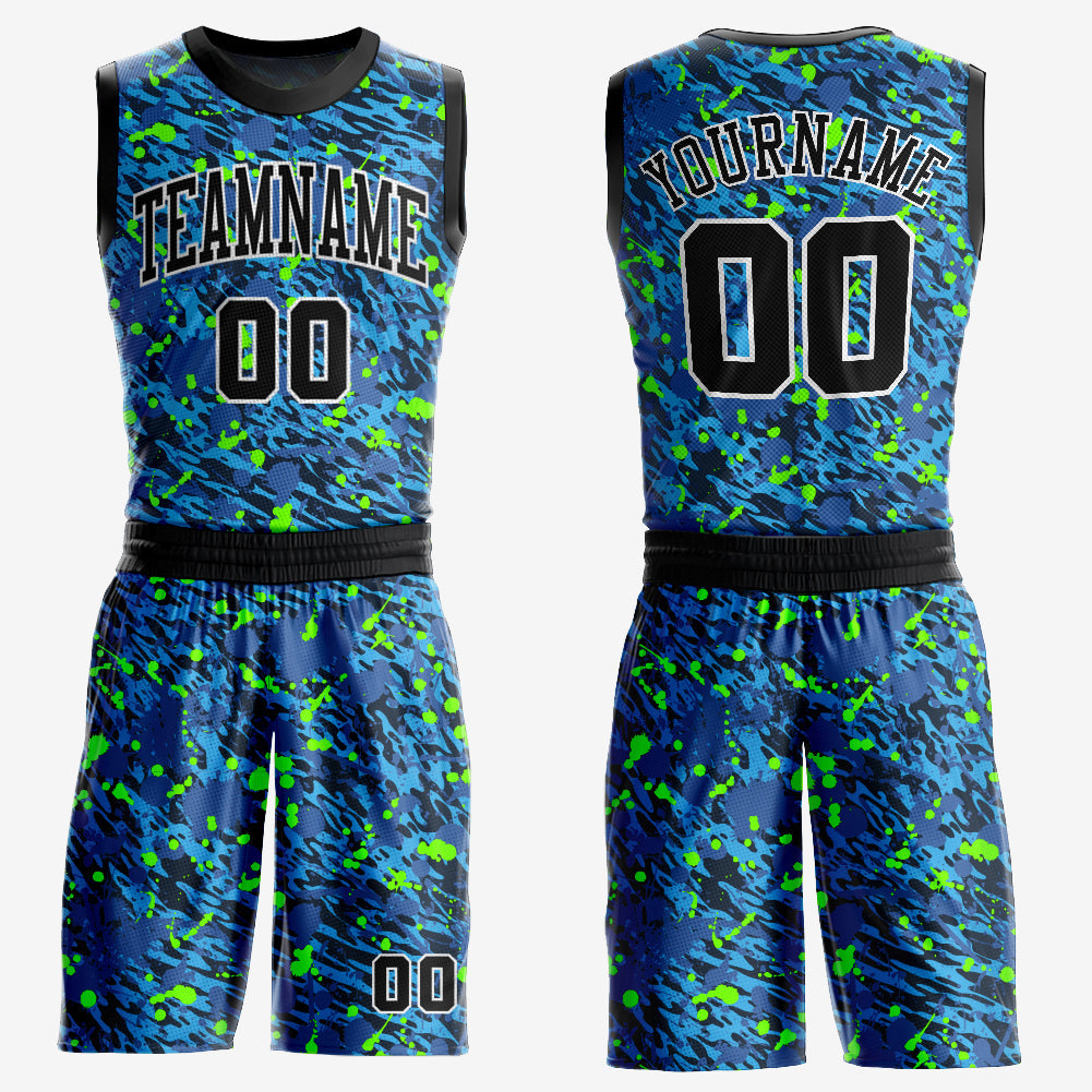 Custom Royal Black-Neon Green Music Festival Round Neck Sublimation Basketball Uniform Jersey - Main View