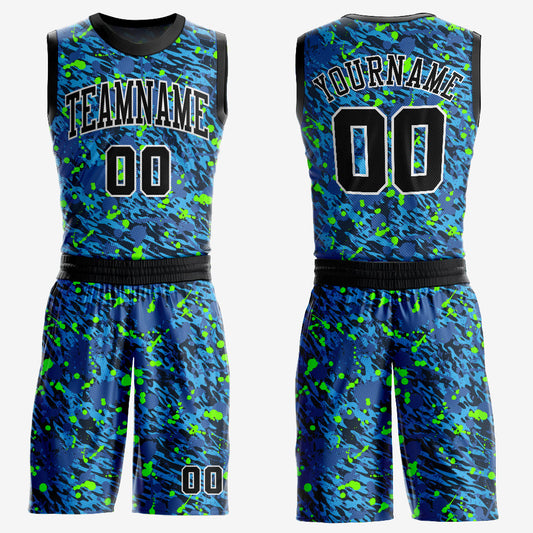 Custom Royal Black-Neon Green Music Festival Round Neck Sublimation Basketball Uniform Jersey - Main View
