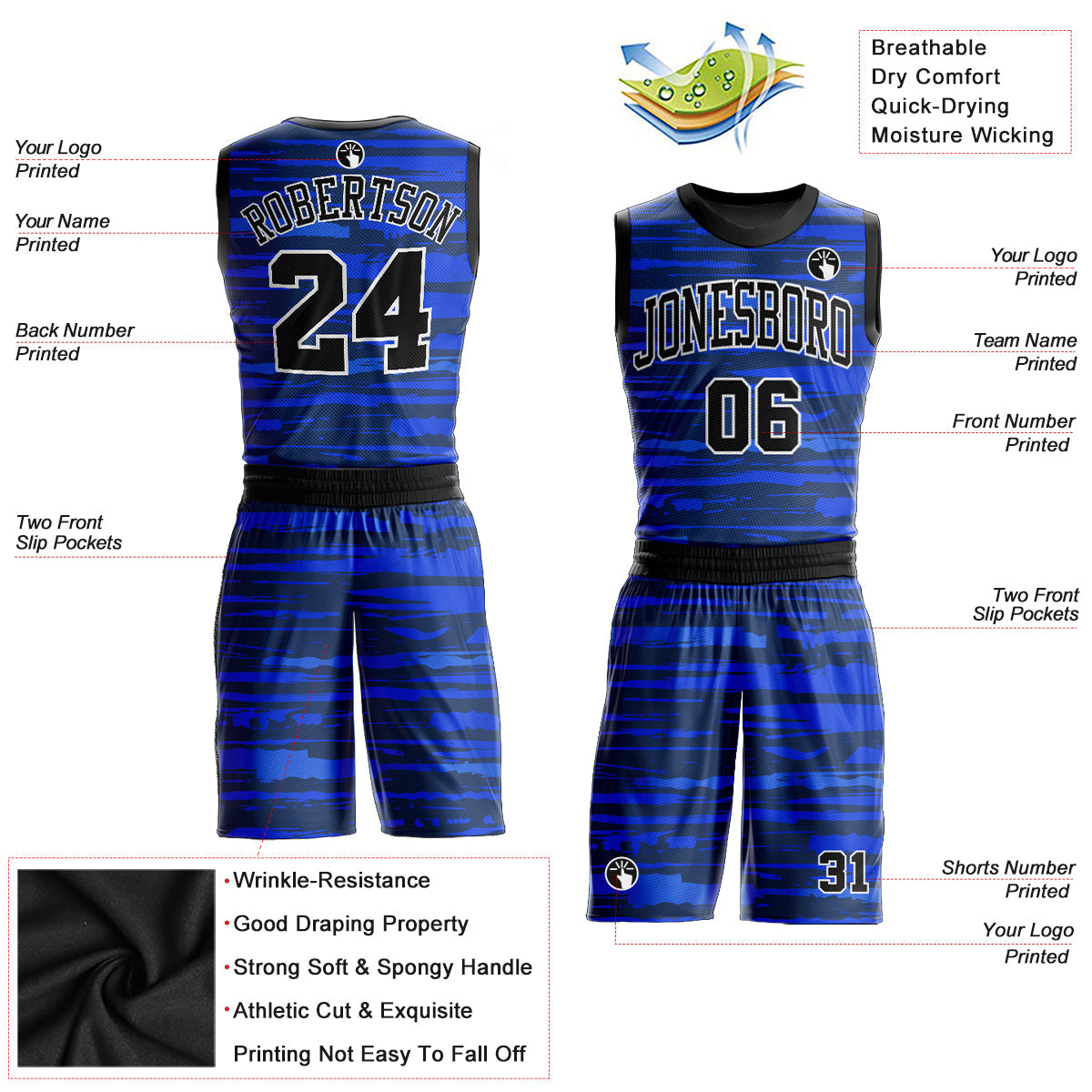 Custom Royal Black-White Round Neck Sublimation Basketball Uniform Jersey view 2