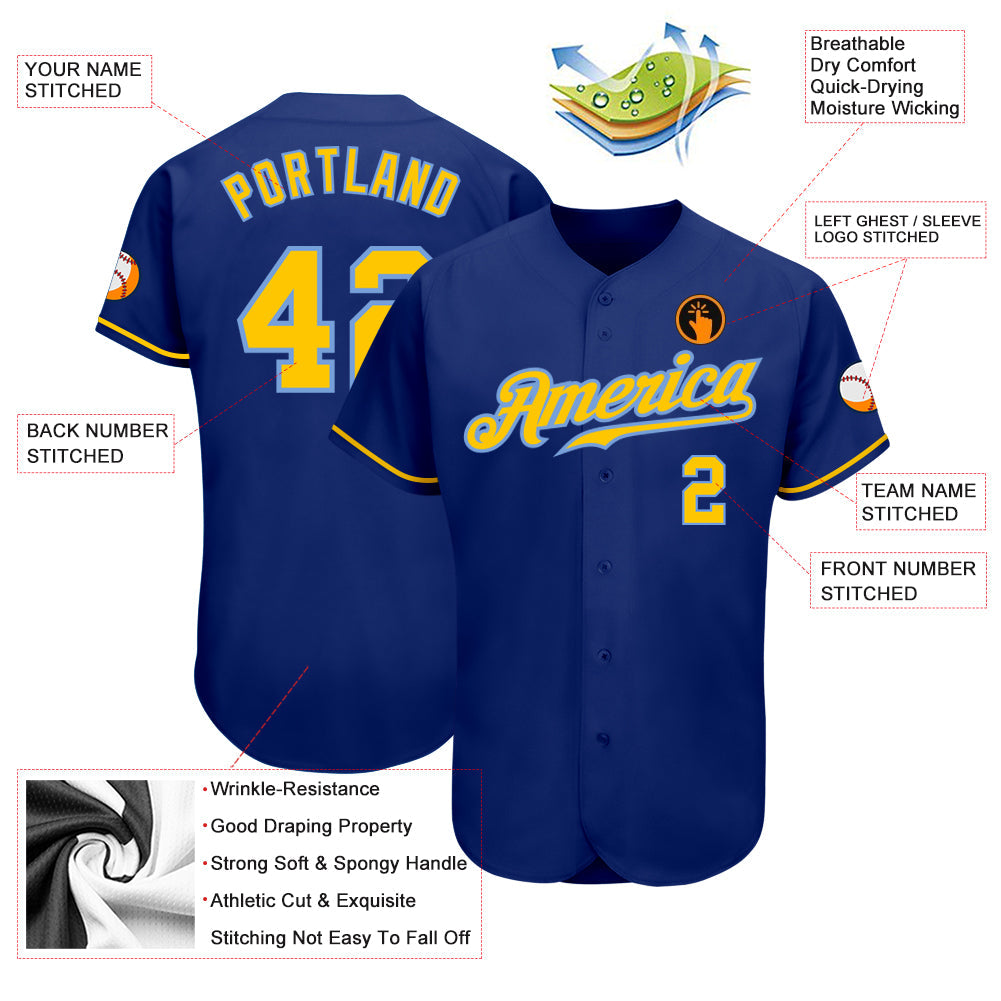 Custom Royal Gold-Light Blue Authentic Baseball Jersey view 3