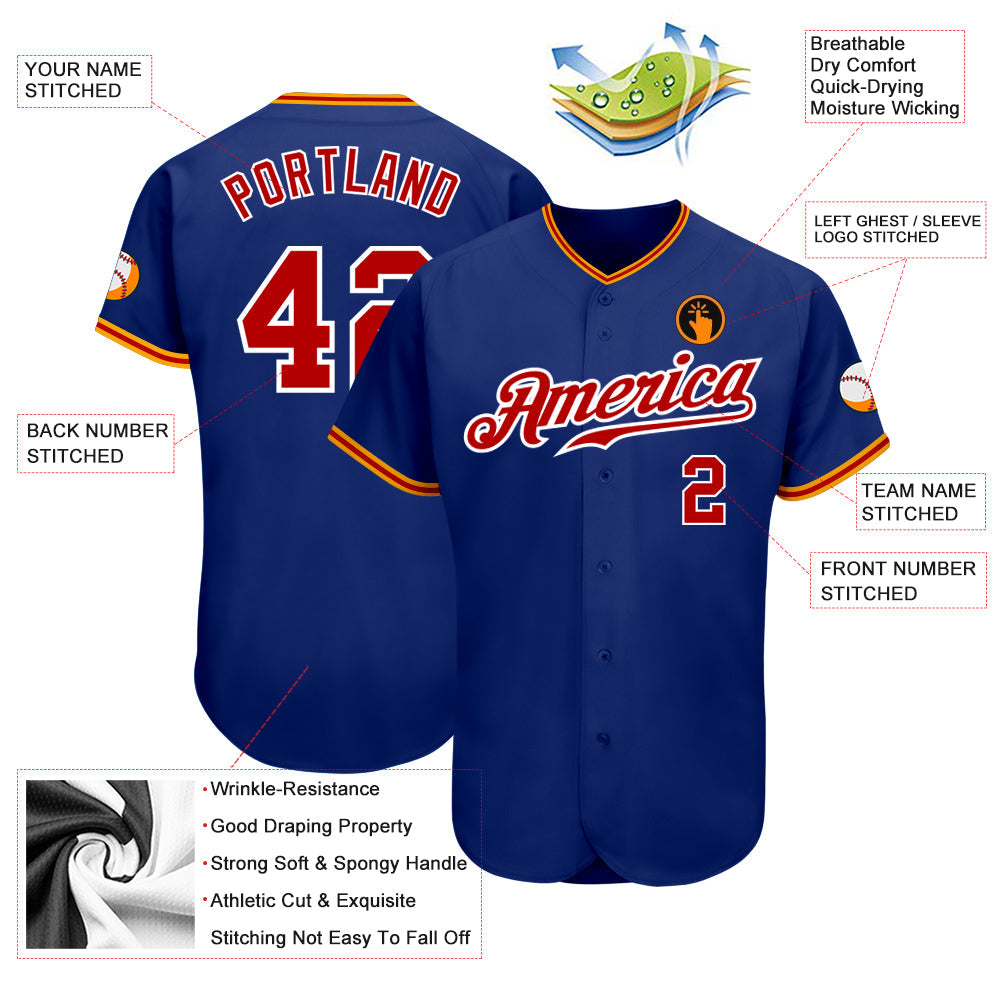 Custom Royal Red White-Gold Authentic Baseball Jersey view 3