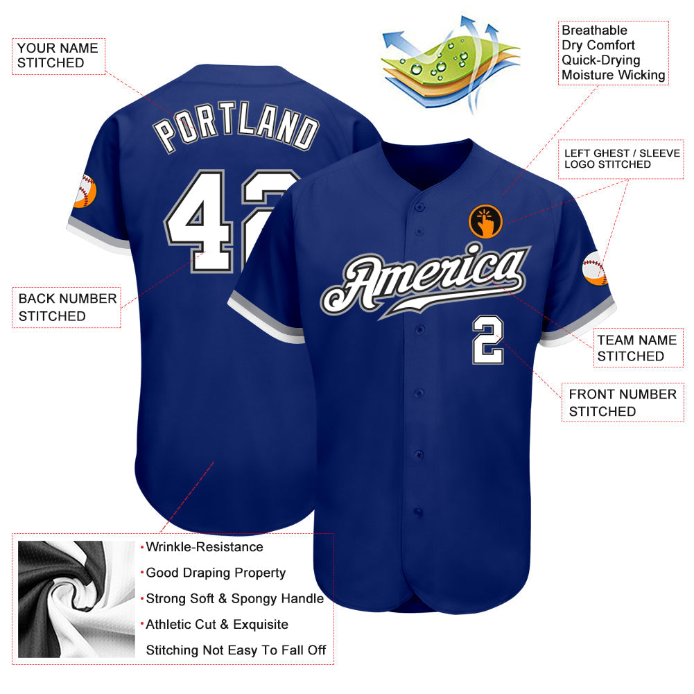 Custom Royal White Black-Gray Authentic Baseball Jersey view 3