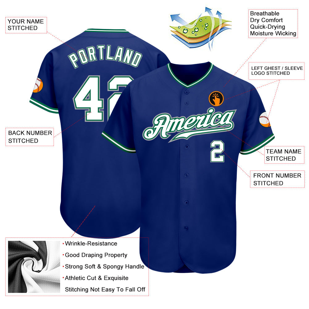 Custom Royal White Kelly Green-Gray Authentic Baseball Jersey view 3