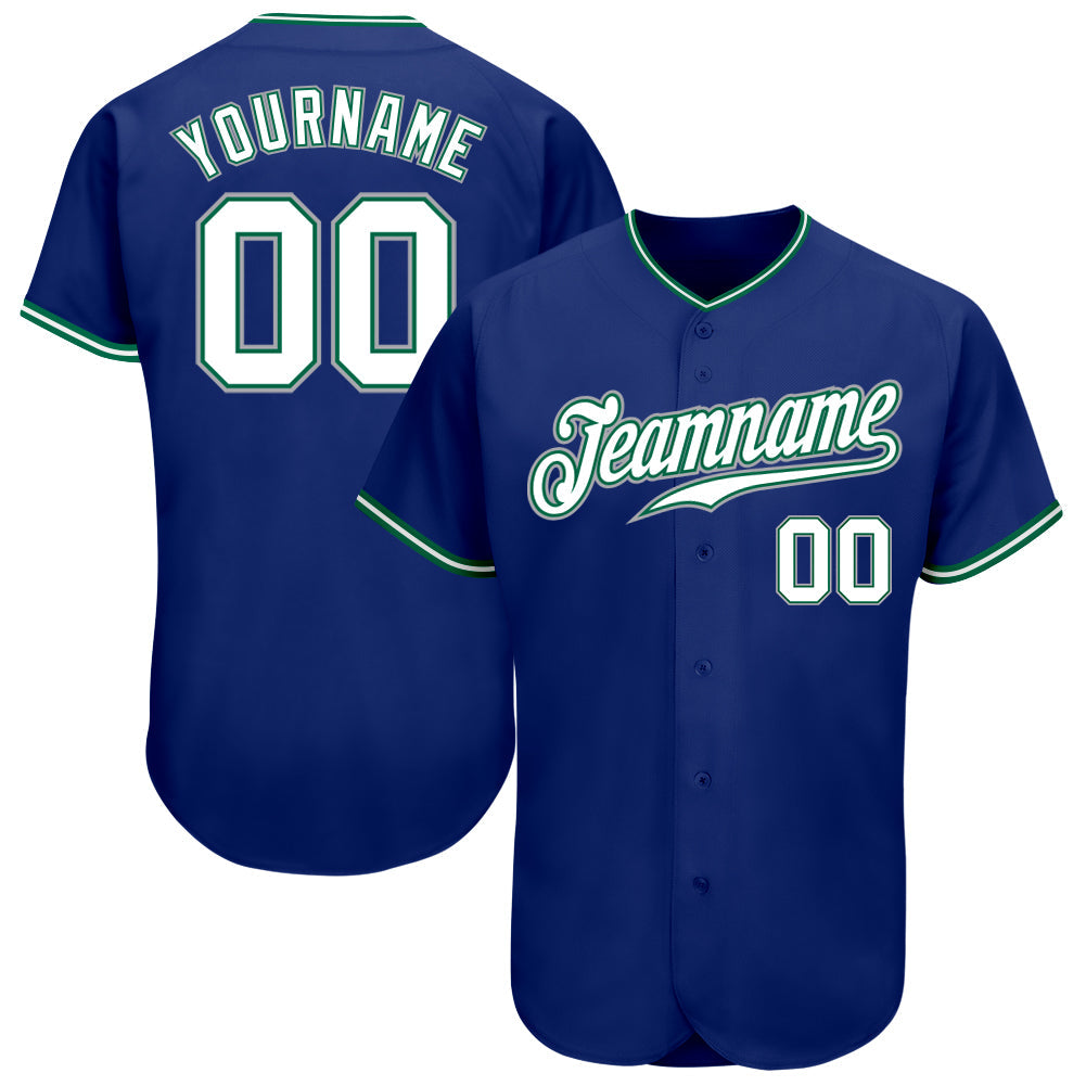 Custom Royal White Kelly Green-Gray Authentic Baseball Jersey - Main View