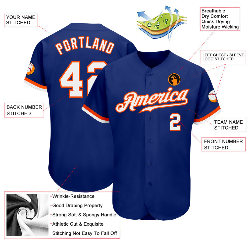 Custom Royal White-Orange Authentic Baseball Jersey view 3