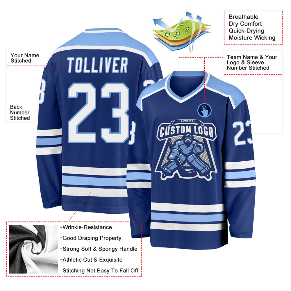 Custom Royal White-Light Blue Hockey Jersey view 3