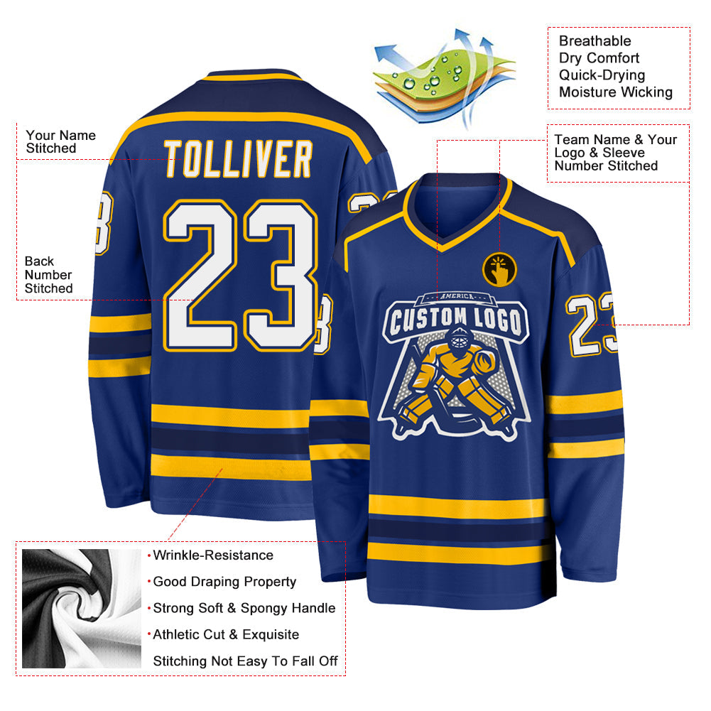 Custom Royal White Navy-Gold Hockey Jersey view 3
