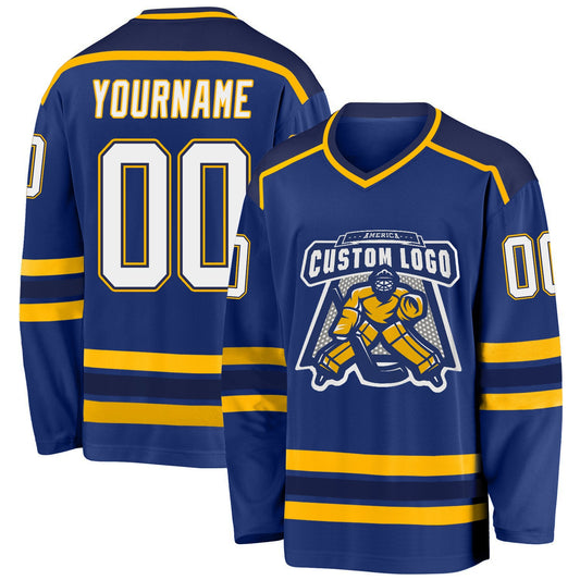 Custom Royal White Navy-Gold Hockey Jersey - Main View