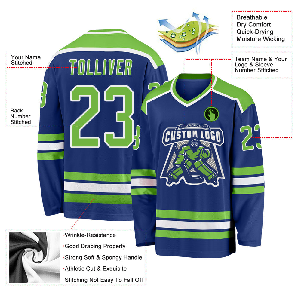 Custom Royal Neon Green-White Hockey Jersey view 3