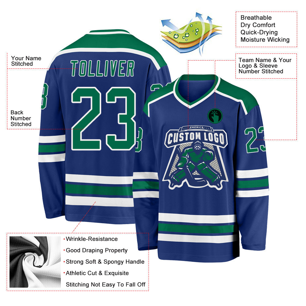Custom Royal Kelly Green-White Hockey Jersey view 3