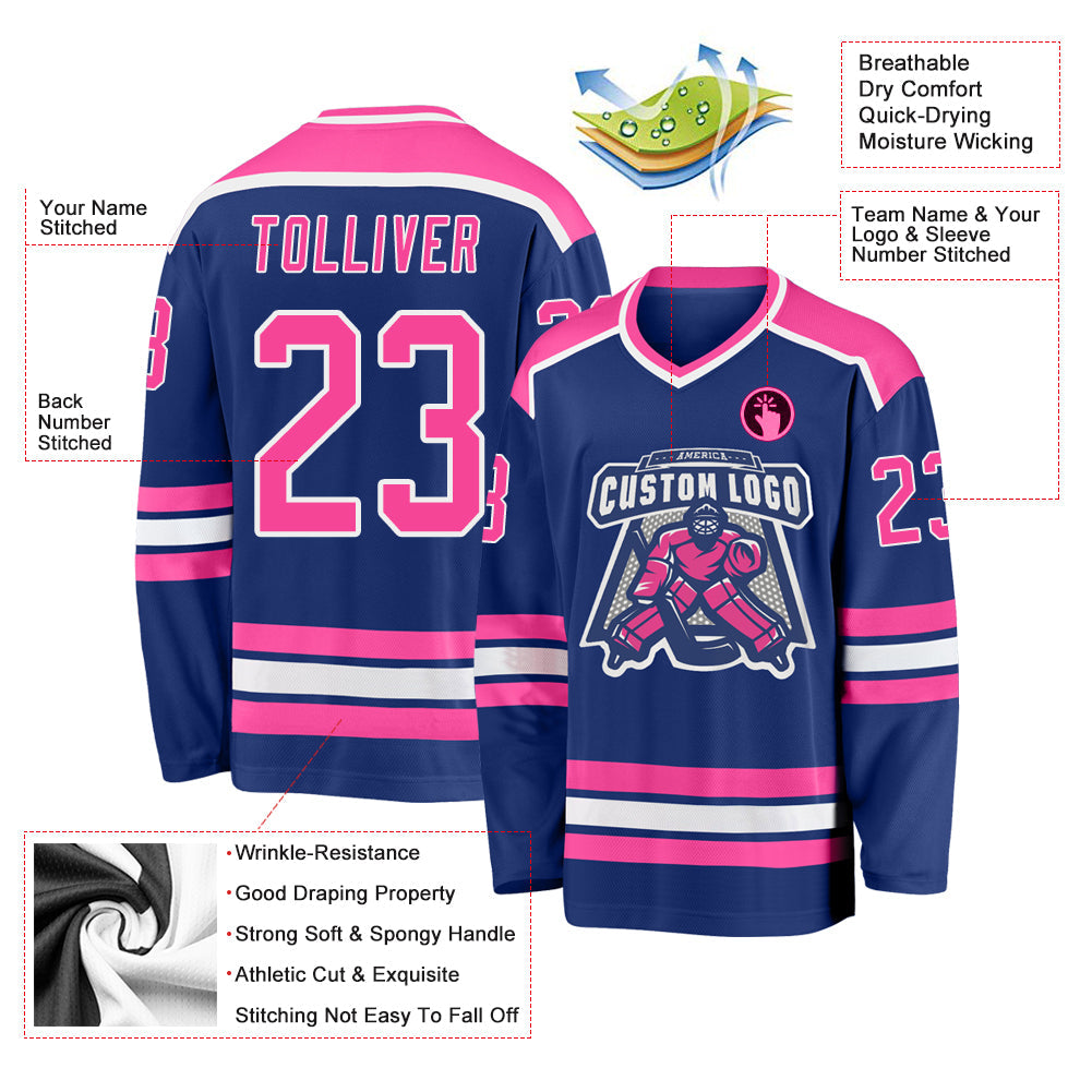 Custom Royal Pink-White Hockey Jersey view 3