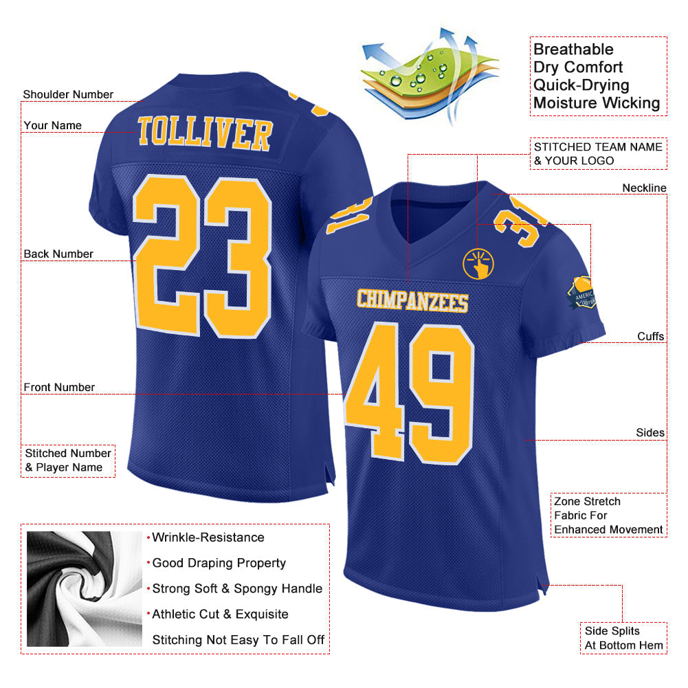 Custom Royal Gold-White Mesh Authentic Football Jersey view 2