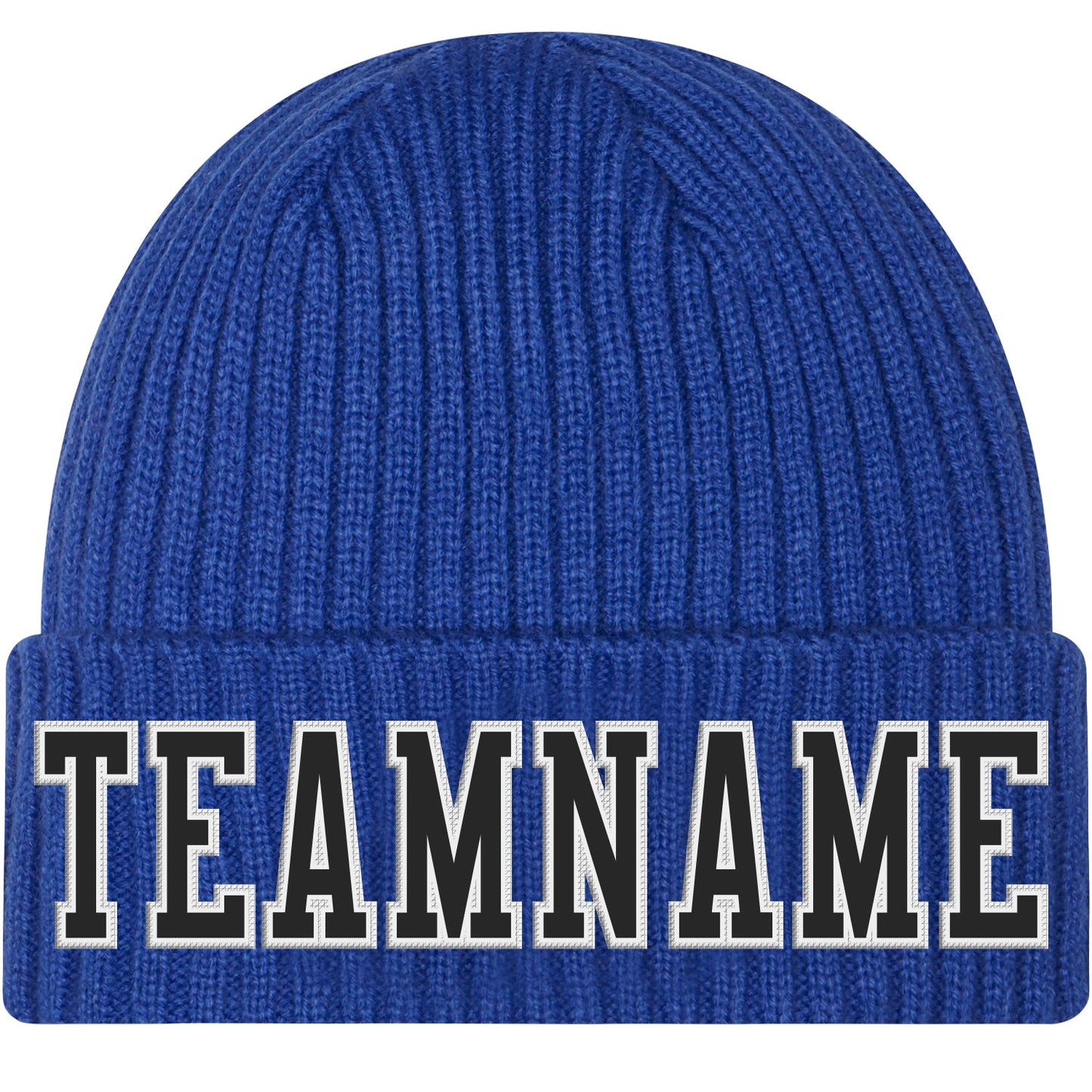 Custom Royal Black-White Stitched Cuffed Knit Hat - Main View