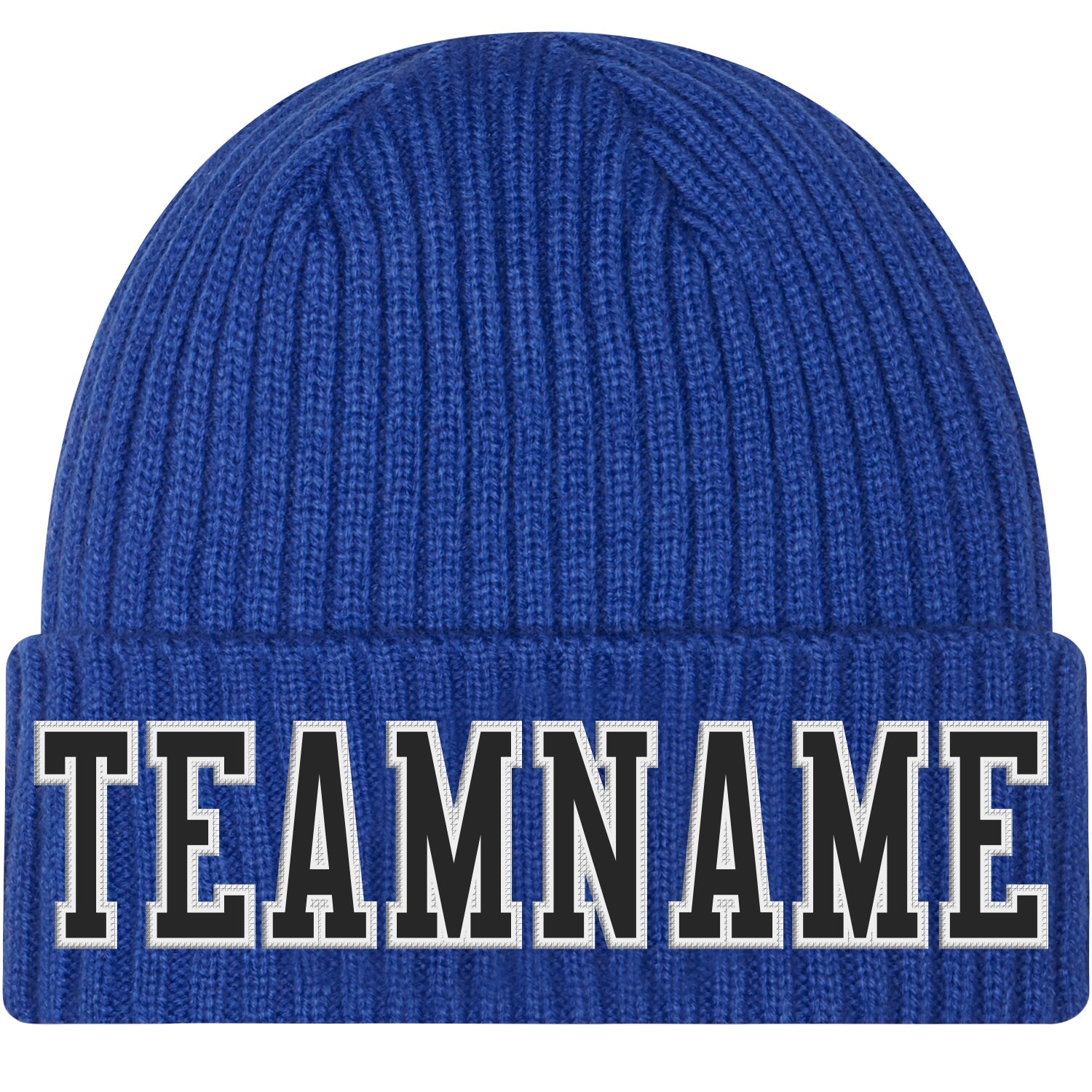 Custom Royal Black-White Stitched Cuffed Knit Hat - Main View