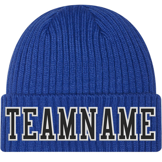 Custom Royal Black-White Stitched Cuffed Knit Hat - Main View