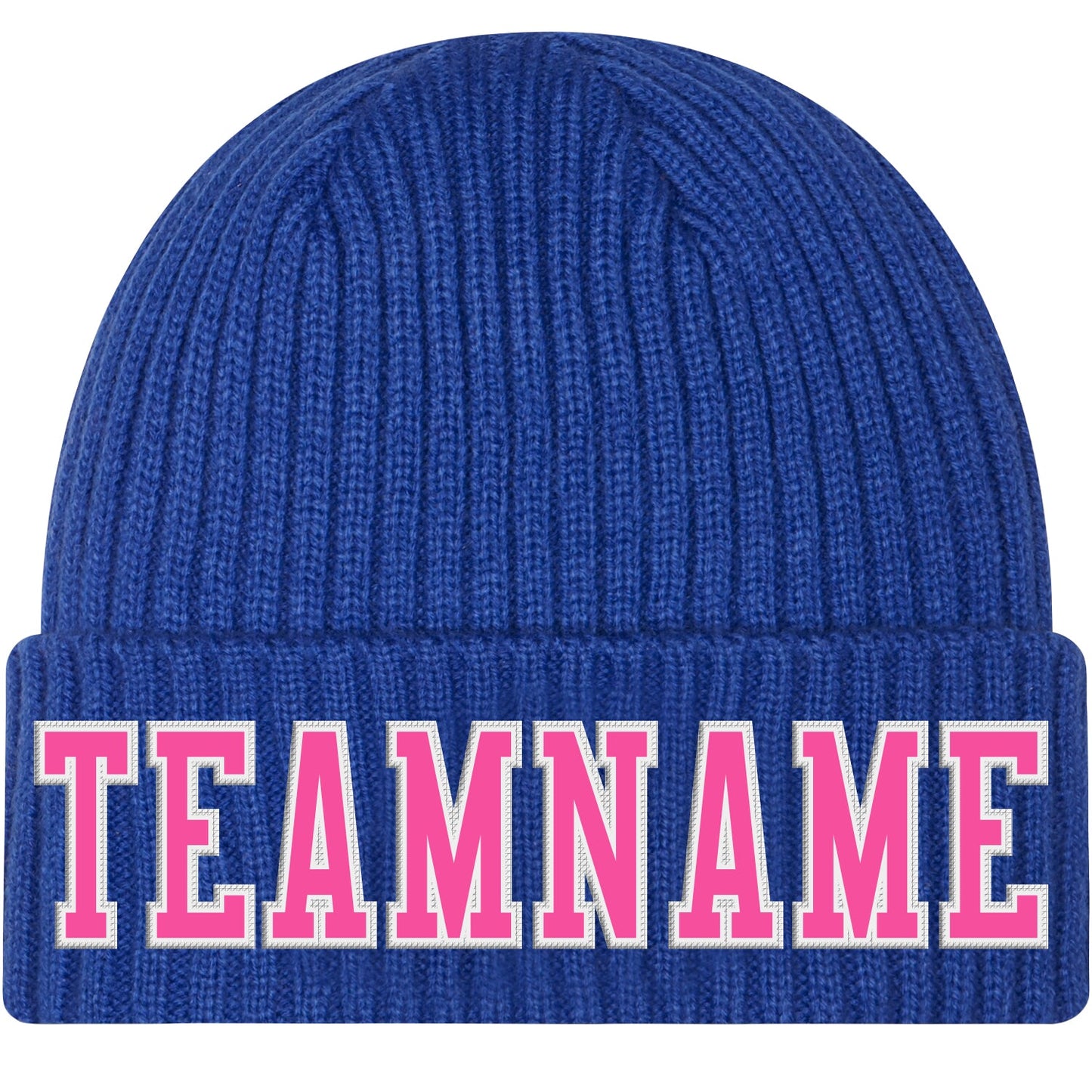 Custom Royal Pink-White Stitched Cuffed Knit Hat - Main View