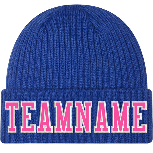 Custom Royal Pink-White Stitched Cuffed Knit Hat - Main View
