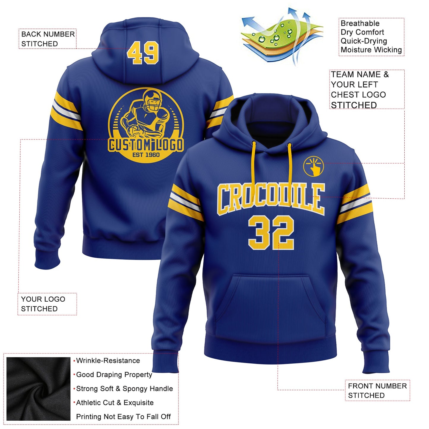 Custom Stitched Royal Gold-White Football Pullover Sweatshirt Hoodie view 2