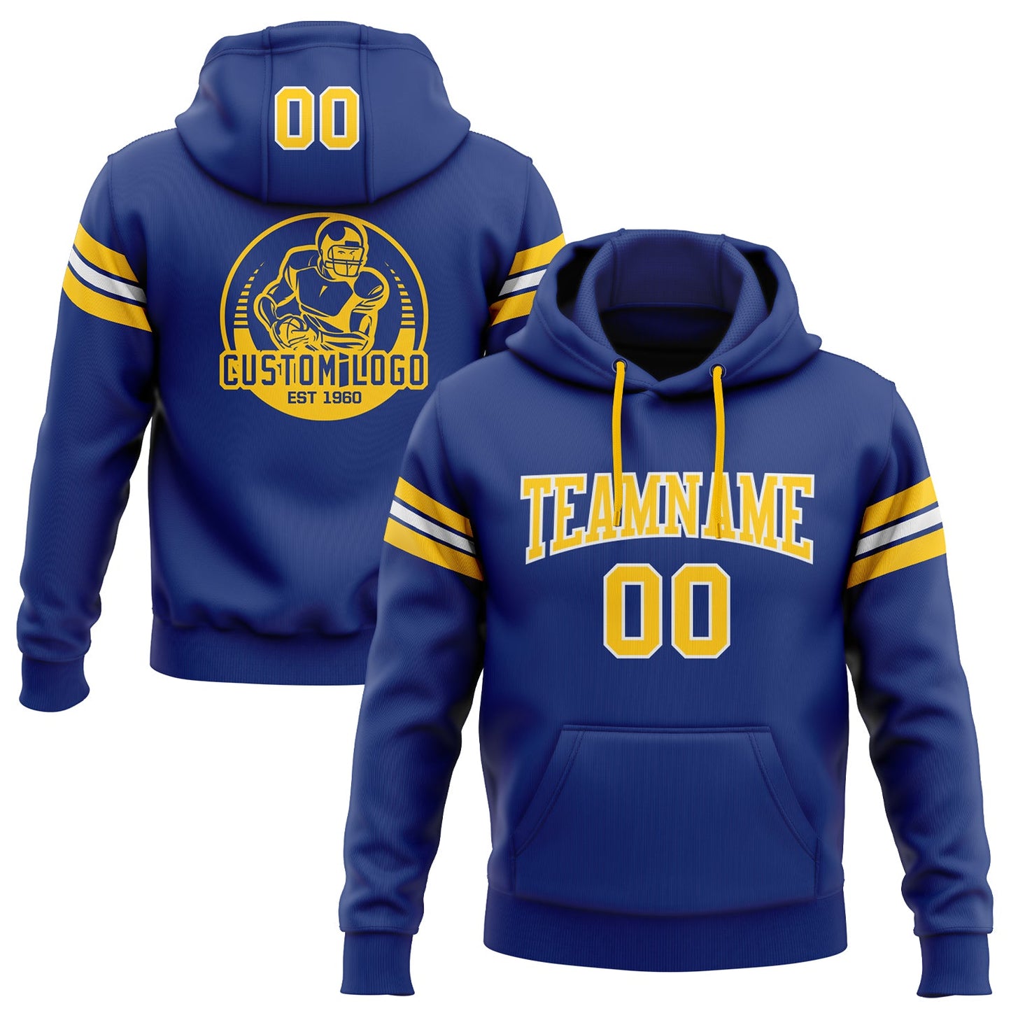 Custom Stitched Royal Gold-White Football Pullover Sweatshirt Hoodie - Main View