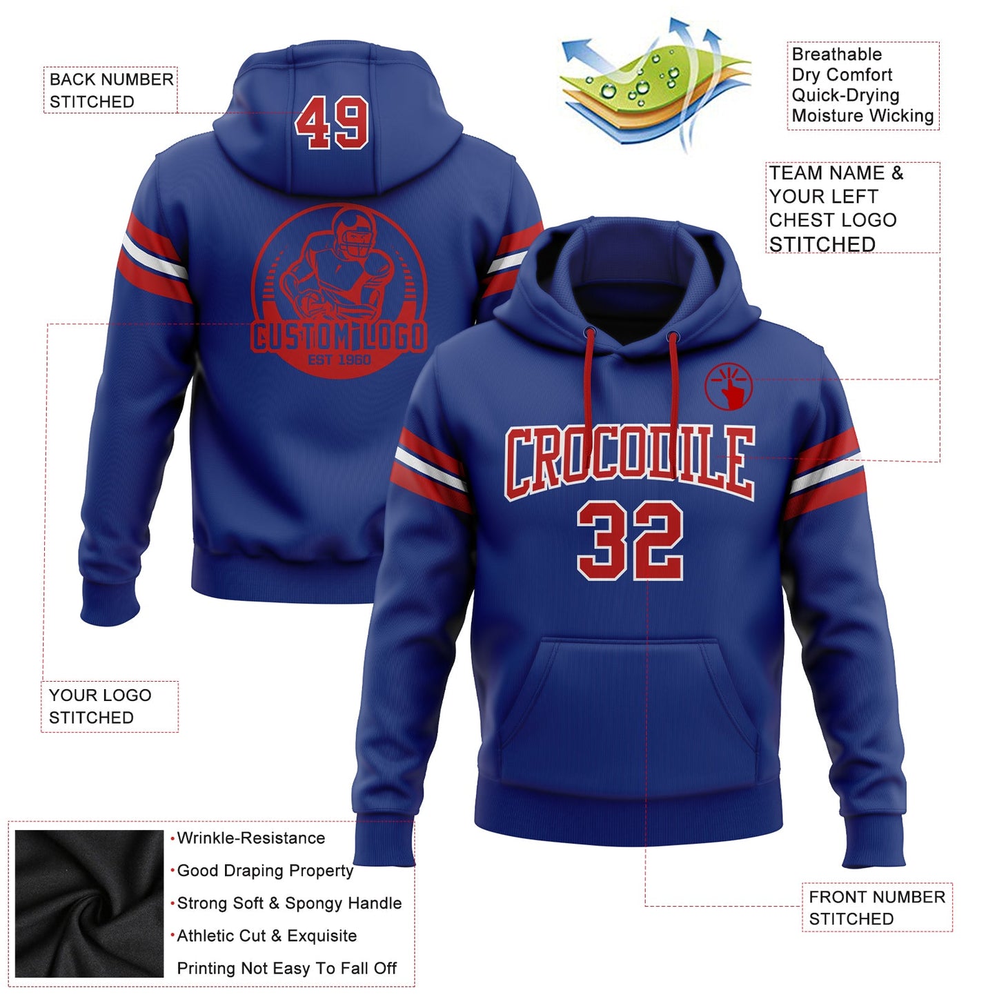 Custom Stitched Royal Red-White Football Pullover Sweatshirt Hoodie view 2