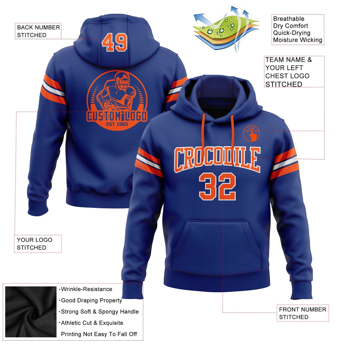 Custom Stitched Royal Orange-White Football Pullover Sweatshirt Hoodie view 2