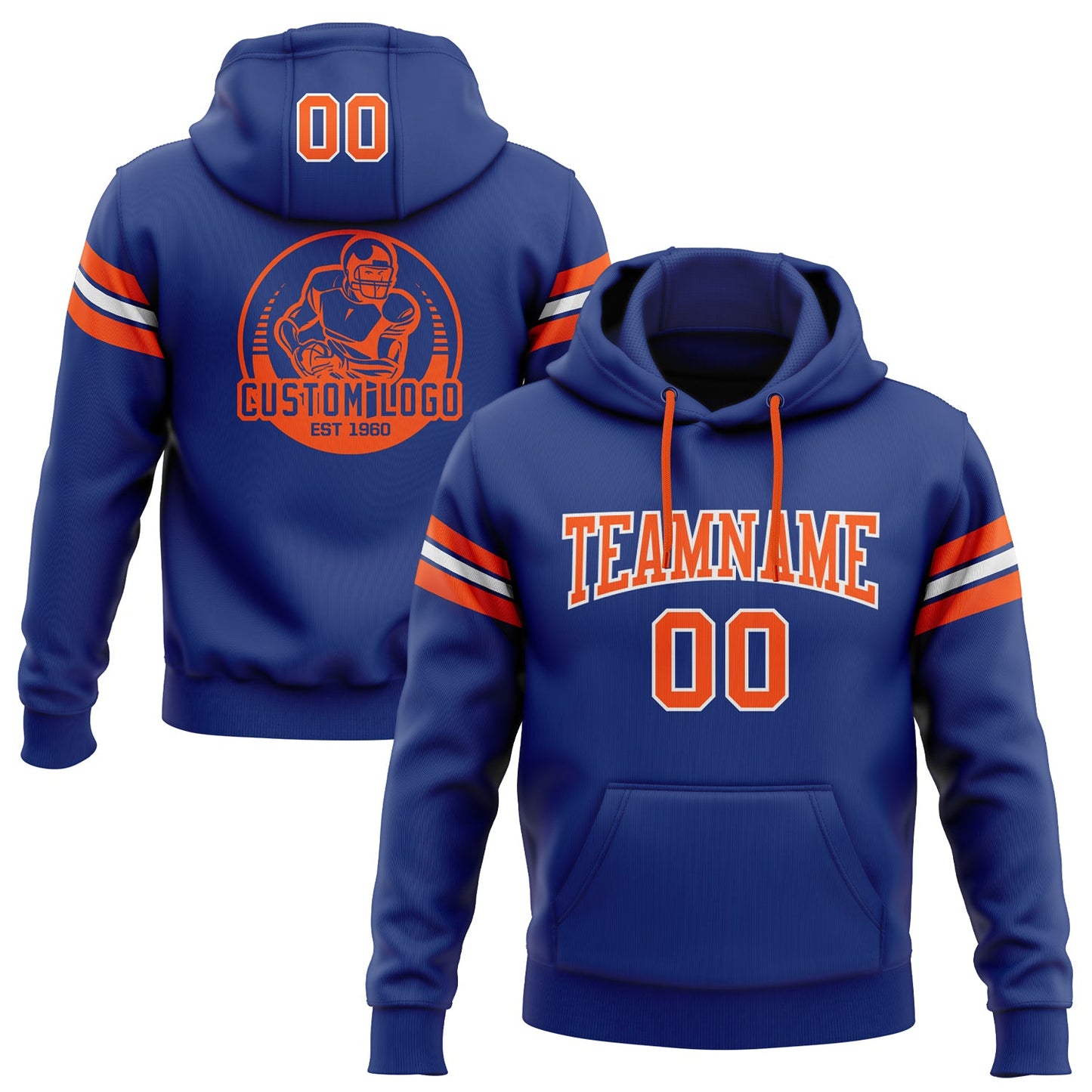 Custom Stitched Royal Orange-White Football Pullover Sweatshirt Hoodie - Main View