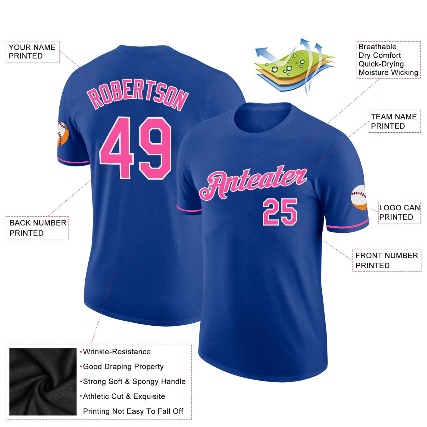 Custom Royal Pink-White Performance T-Shirt view 2