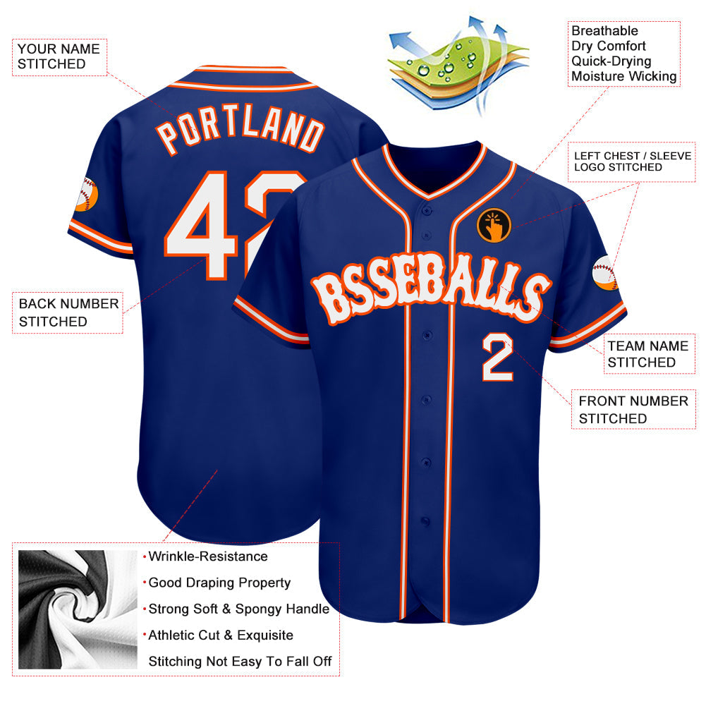 Custom Royal White-Orange Authentic Baseball Jersey view 3