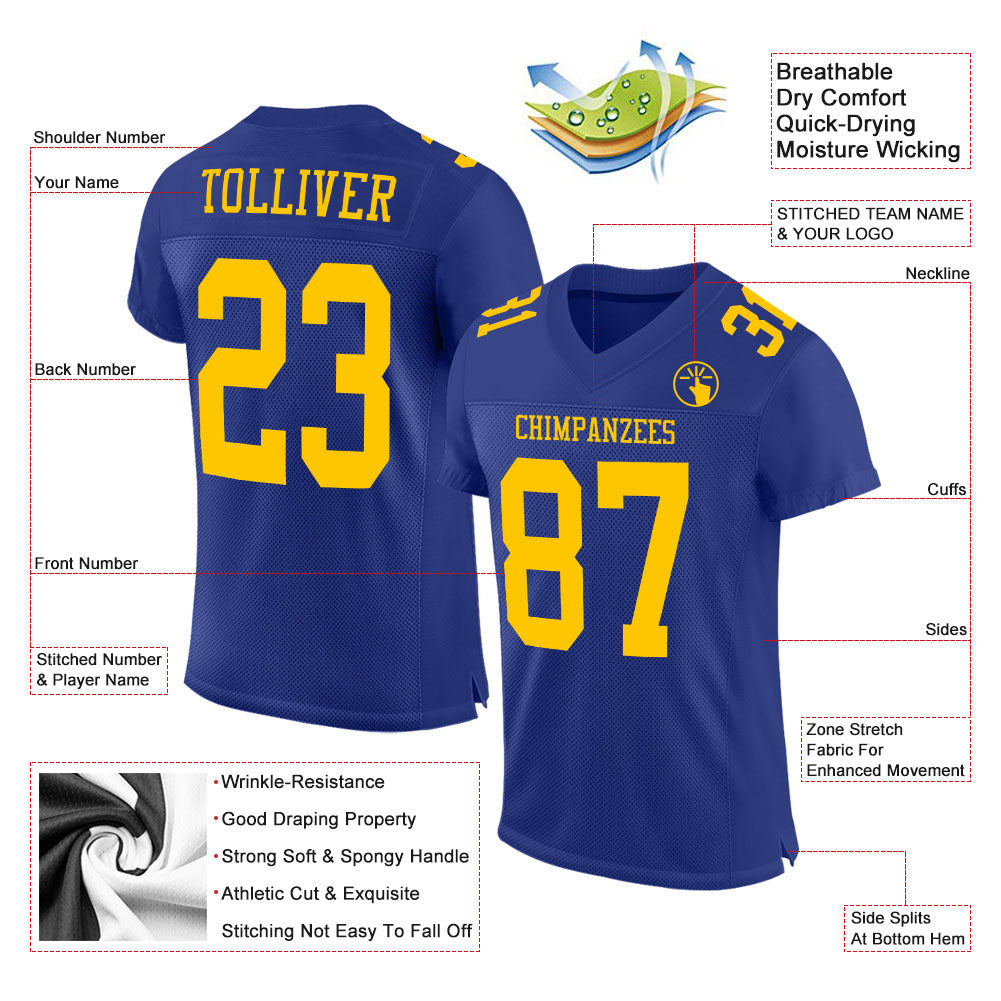 Custom Royal Gold Mesh Authentic Football Jersey view 2