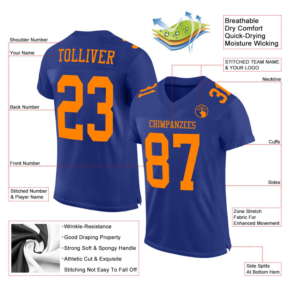 Custom Royal Bay Orange Mesh Authentic Football Jersey view 2