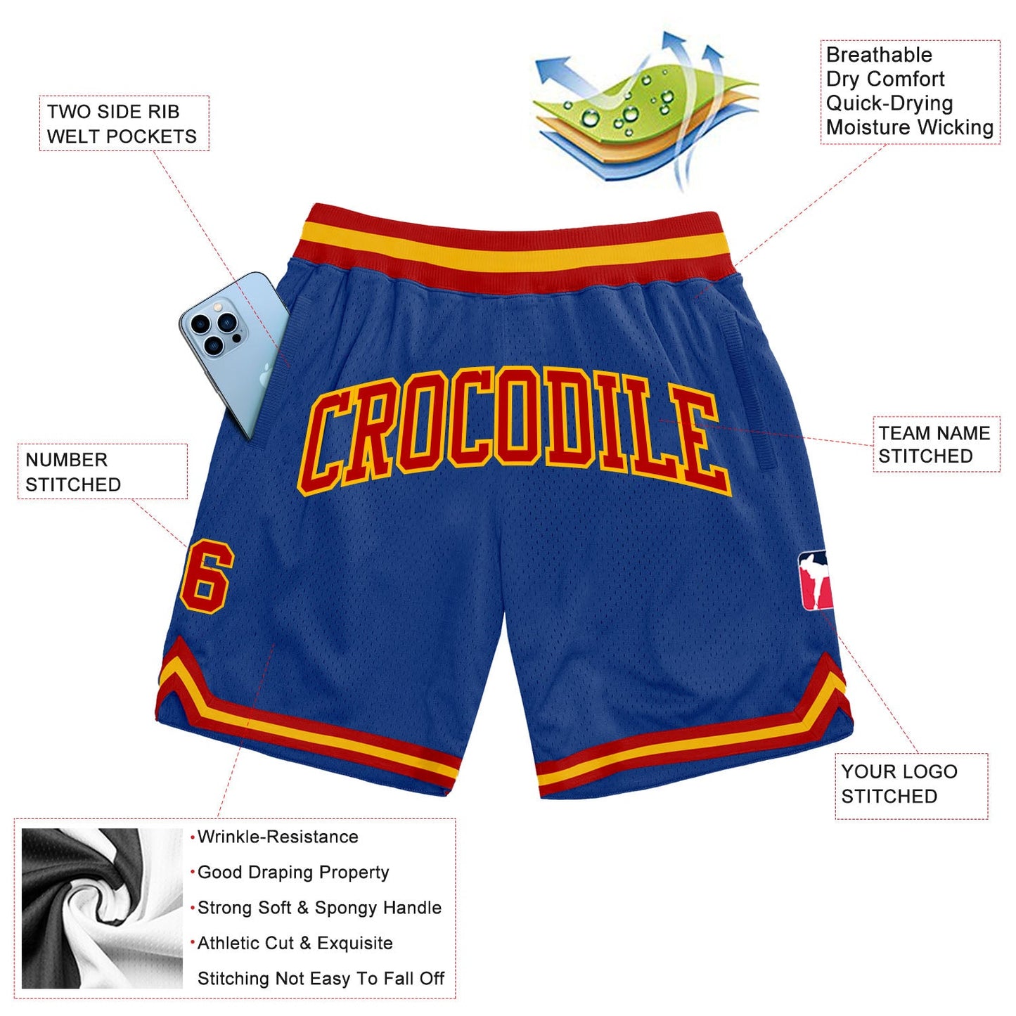 Custom Royal Red-Gold Authentic Throwback Basketball Shorts view 2