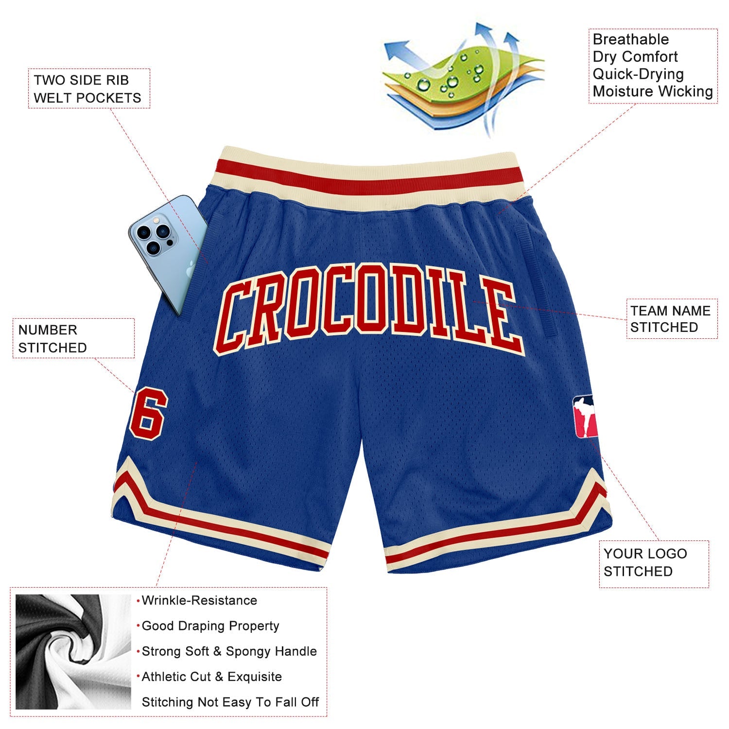 Custom Royal Red-Cream Authentic Throwback Basketball Shorts view 2