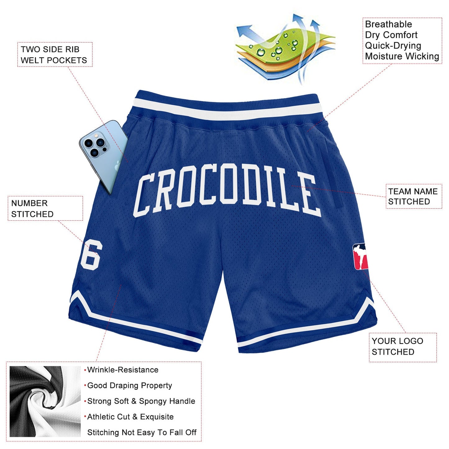 Custom Royal White Authentic Throwback Basketball Shorts view 2