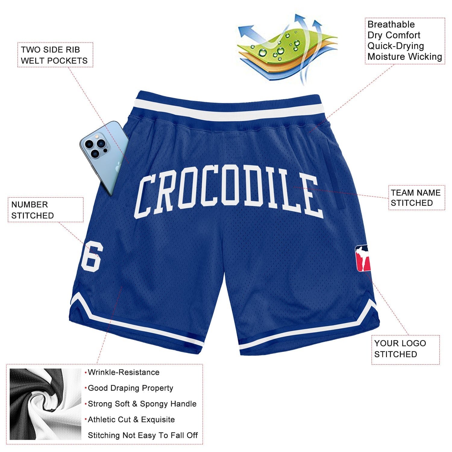 Custom Royal White Authentic Throwback Basketball Shorts view 2