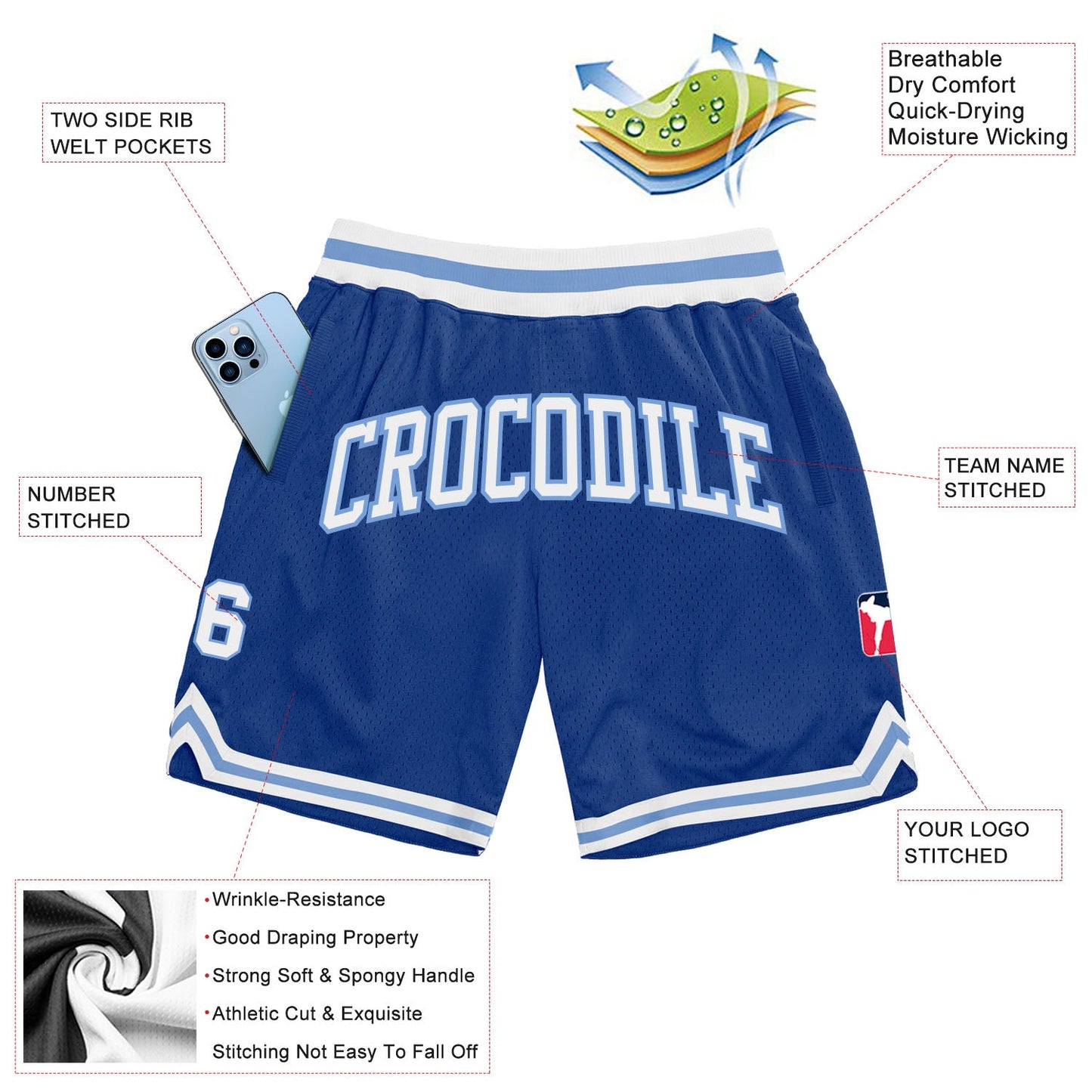 Custom Royal White-Light Blue Authentic Throwback Basketball Shorts view 2