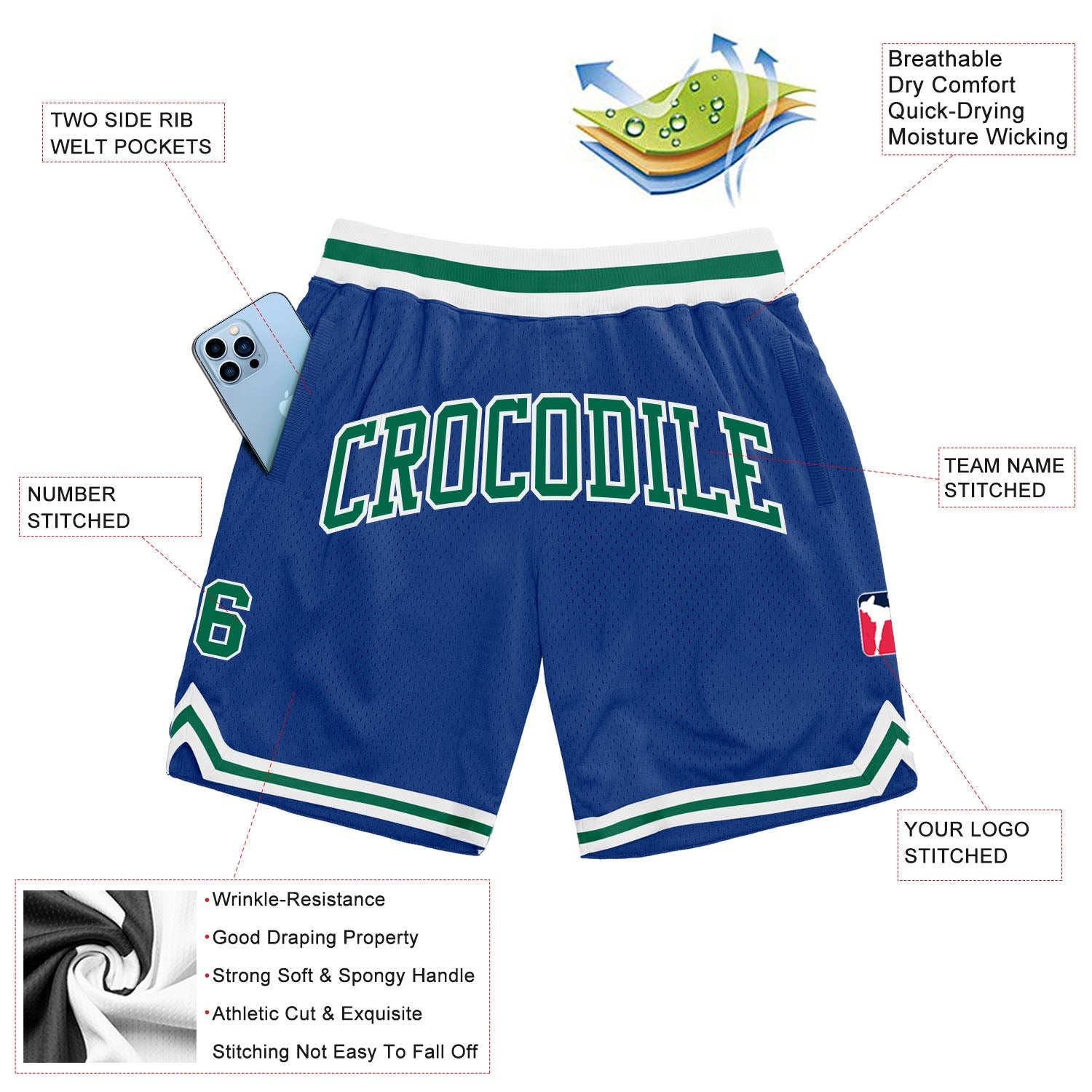 Custom Royal Kelly Green-White Authentic Throwback Basketball Shorts view 2