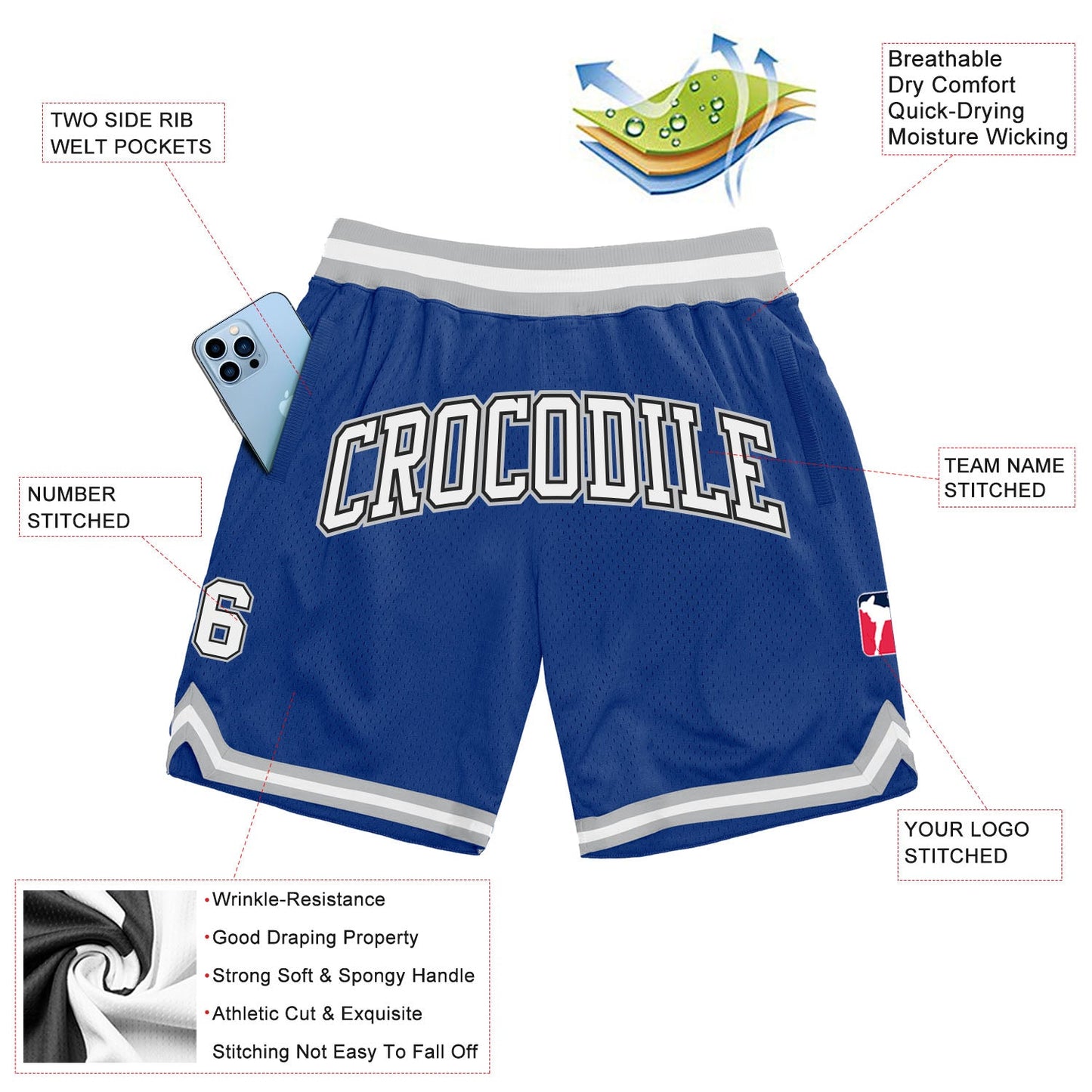 Custom Royal White Black-Gray Authentic Throwback Basketball Shorts view 2