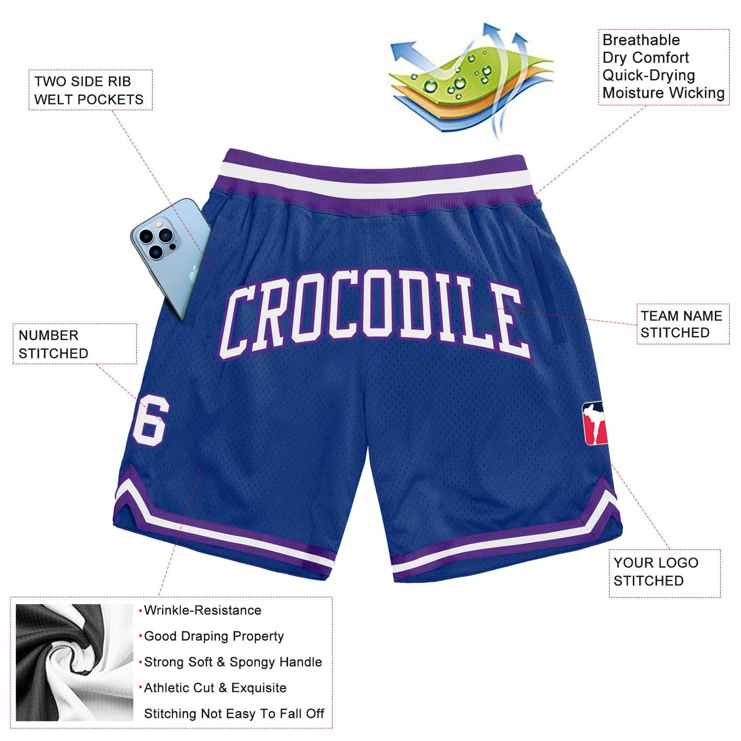 Custom Royal White-Purple Authentic Throwback Basketball Shorts view 2